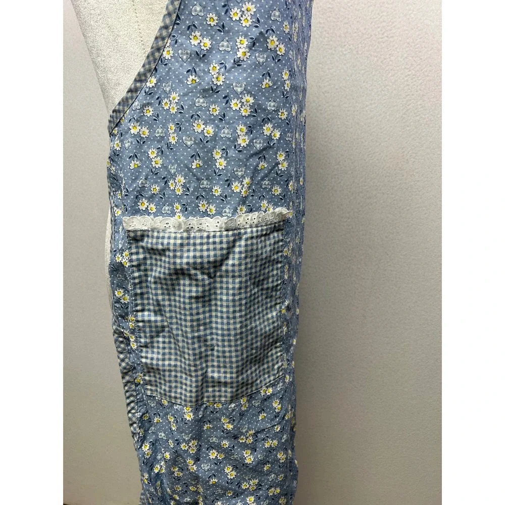 Cottagecore Franco Women OS Blue Floral Gingham‎ Lace Trim Cotton Bib Apron